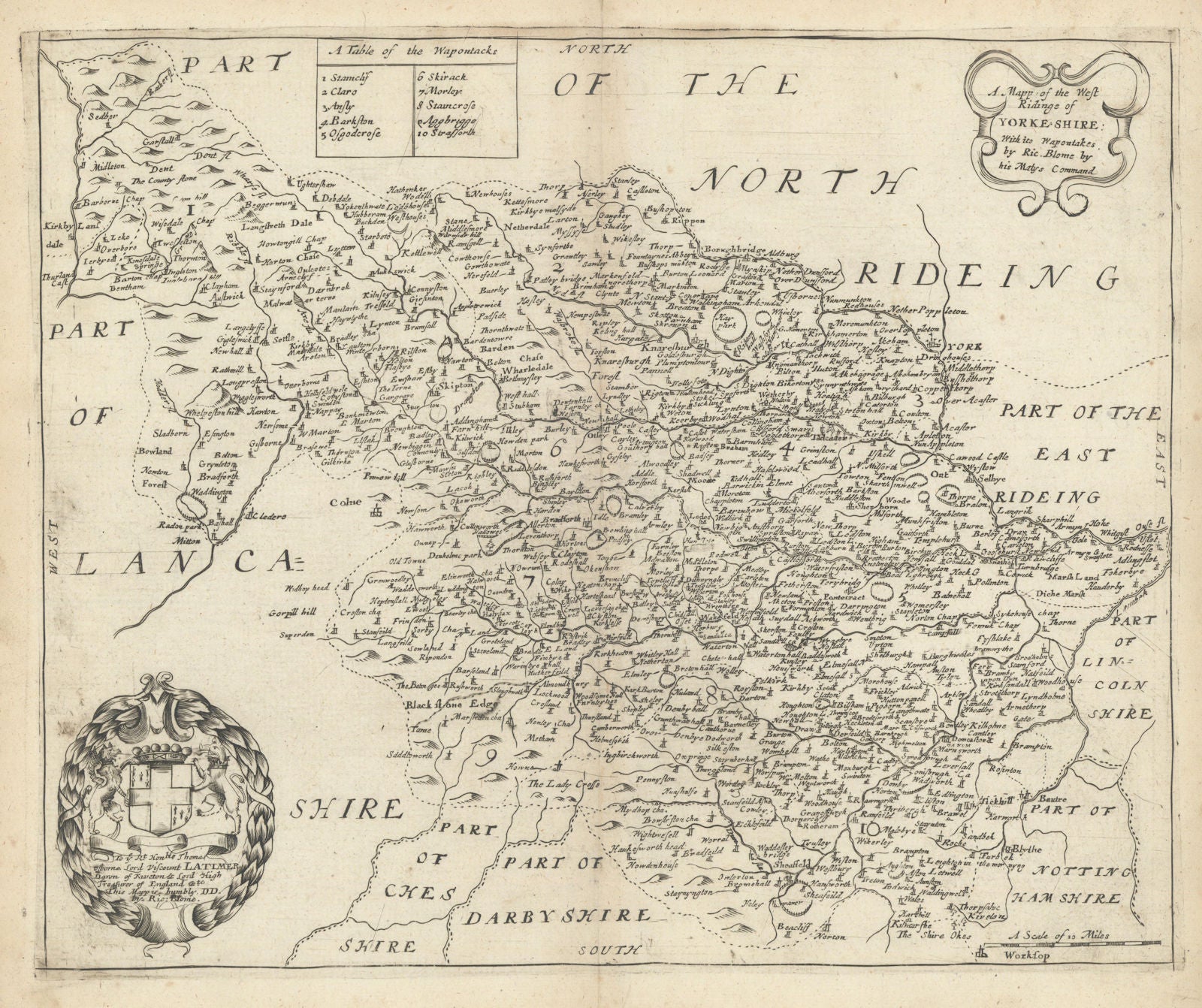 A Mapp of the West Ridinge of Yorkeshire by Richard Blome 1673 old antique